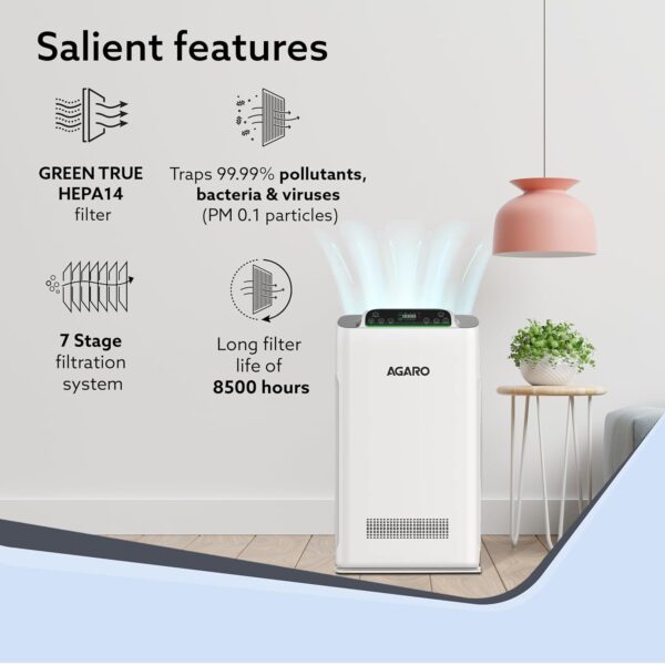 AGARO Imperial Air Purifier For Home, Bedroom, Green True HEPA Filter H14, Removes 99.99% Pollutants, Bacteria, Virus & PM 0.1 Particles, 7 Stage Purification, Covers 400 Sqft, 8500 Hrs Filter Life - Image 3