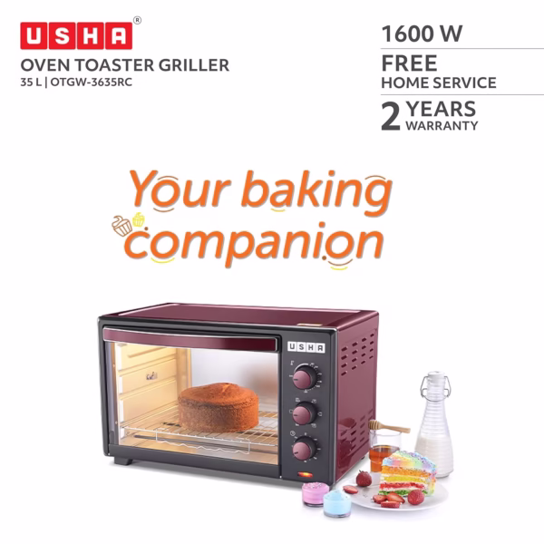 USHA 3635Rc 35L Oven Toaster Grill With Rotisserie And Convection For 360 Degree Even Cooking, 6 Mode Heating Function(Wine & Matte Black), 1600 Watts, 35 liter - Image 2