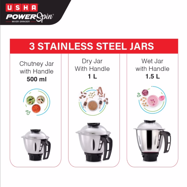 Usha Powerspin 750 Watt Mixer Grinder, 3 Stainless Steel Jars with handle (Maroon & Black) | Powerful 100% copper motor with 2 years Product Warranty & 5 Years Motor Warranty|ISI Certified - Image 3